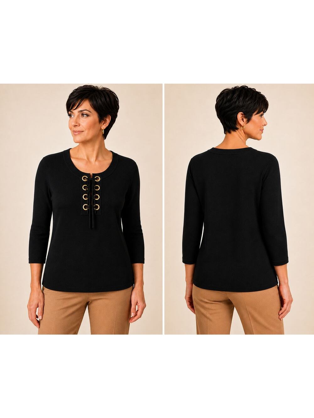 Women's Medium Cable & Gauge Black Knit Top Gold Grommet Lace-Up